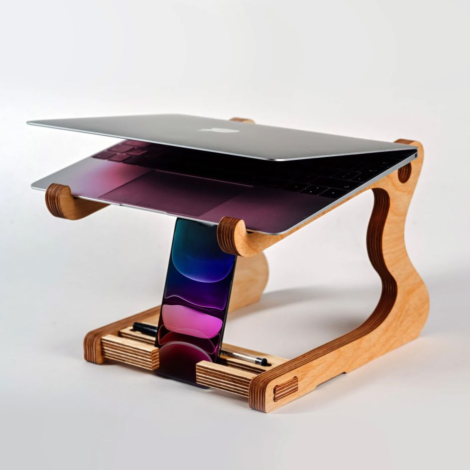 Wooden Laptop Stand with Phone Holder