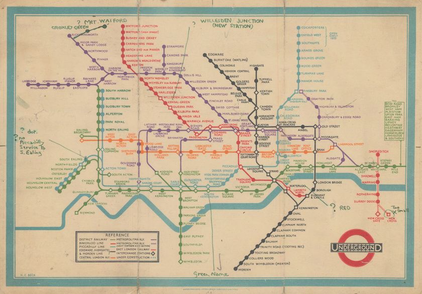 Unpublished Proof of Harry Beck’s 1933 First Edition Tube Map, Harry Beck, 1932. Courtesy of The Map House