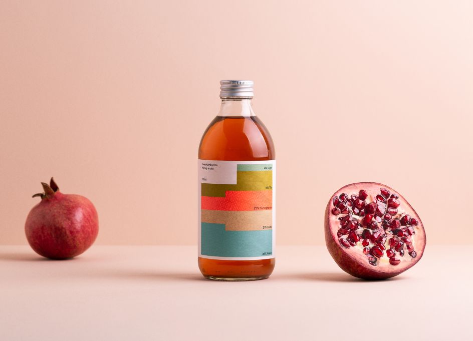 Swee Kombucha’s probiotic brews are 100% natural, with a packaging design based on 100 cells, each filled with a color representing the percentage of each ingredient. Work by Bedow