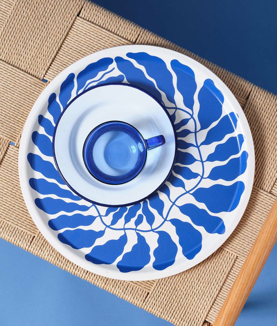 Leaves Blue Round Art Tray by Wrap