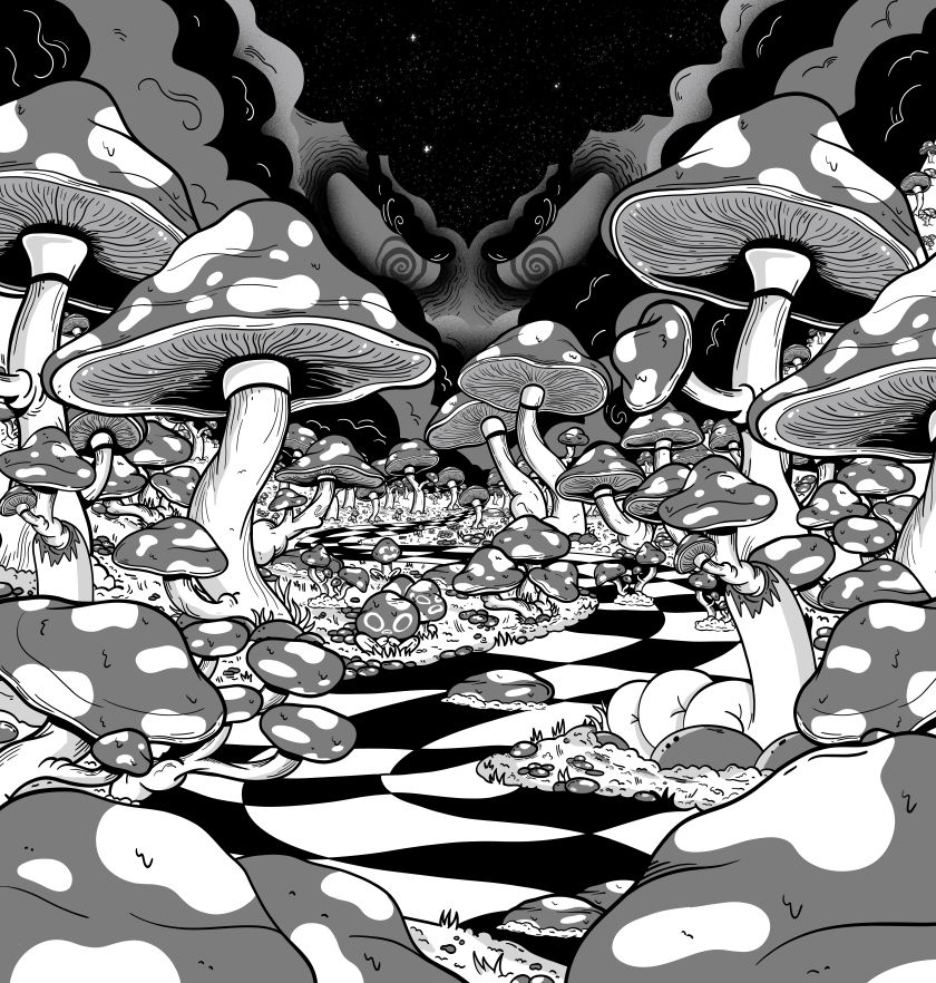 Mushroom world with WIP sketch.