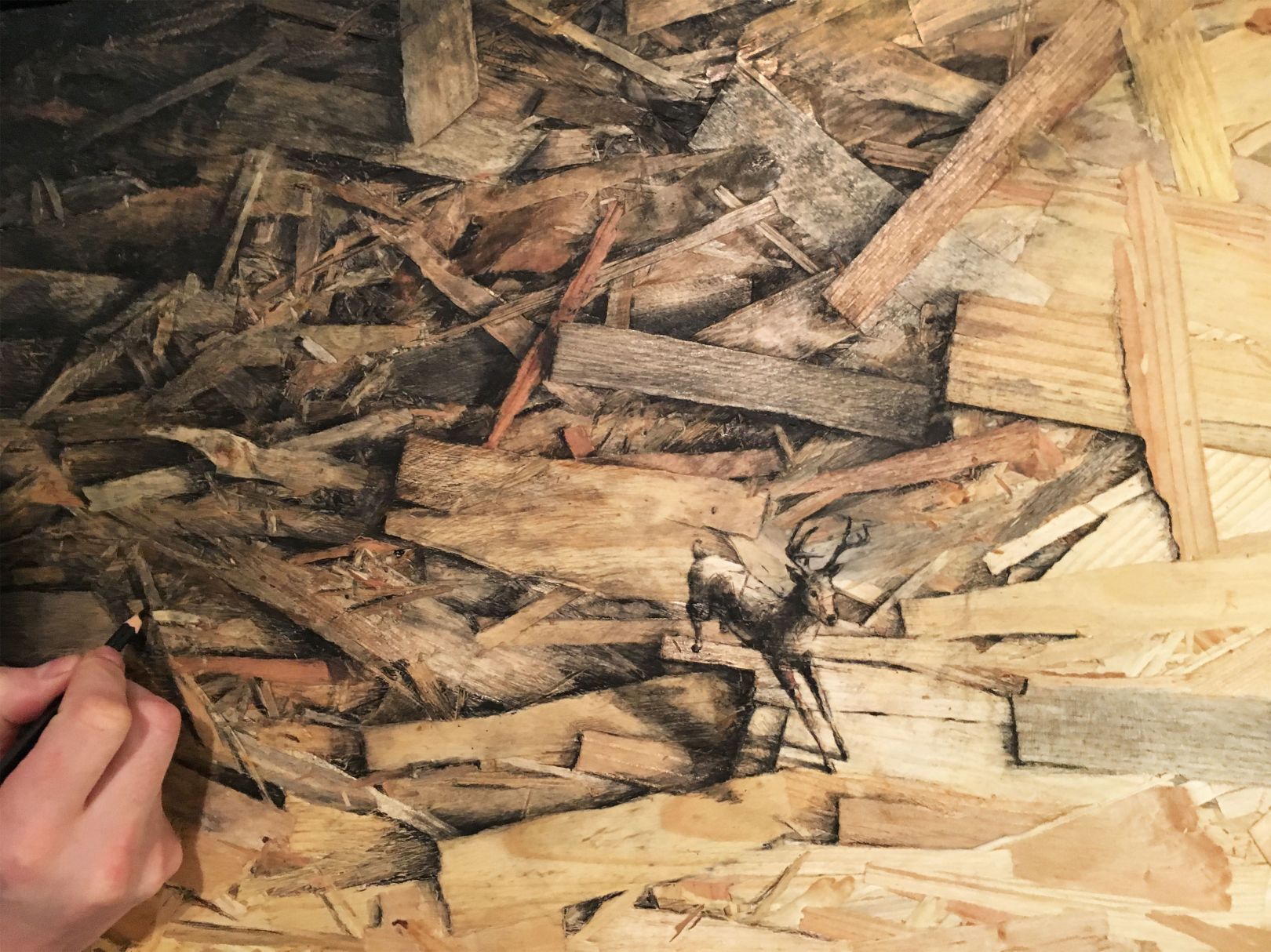 Artist Pejac uses pressed wood as the canvas for his inky paintings of ...