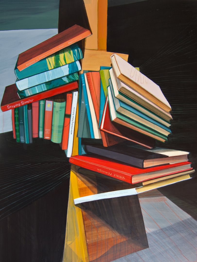 Bookish Art Acrylic paintings of jumbled books and drawers by Jordan